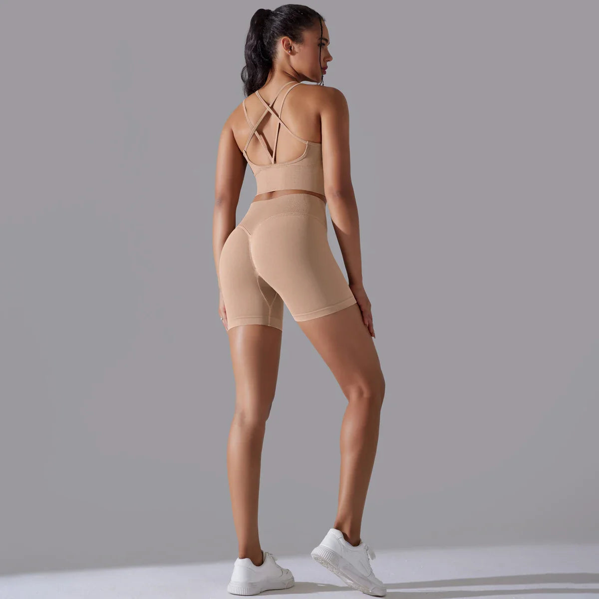 Conjunto de Roupas Fitness Feminino Top e Bermuda de Alta Compressão