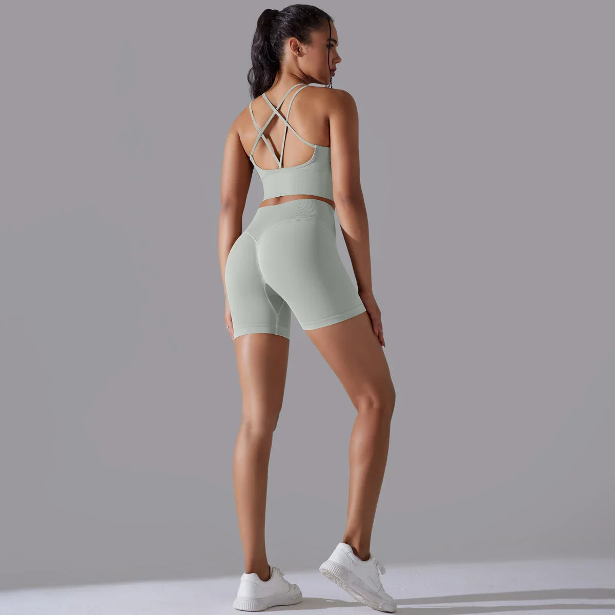 Conjunto de Roupas Fitness Feminino Top e Bermuda de Alta Compressão