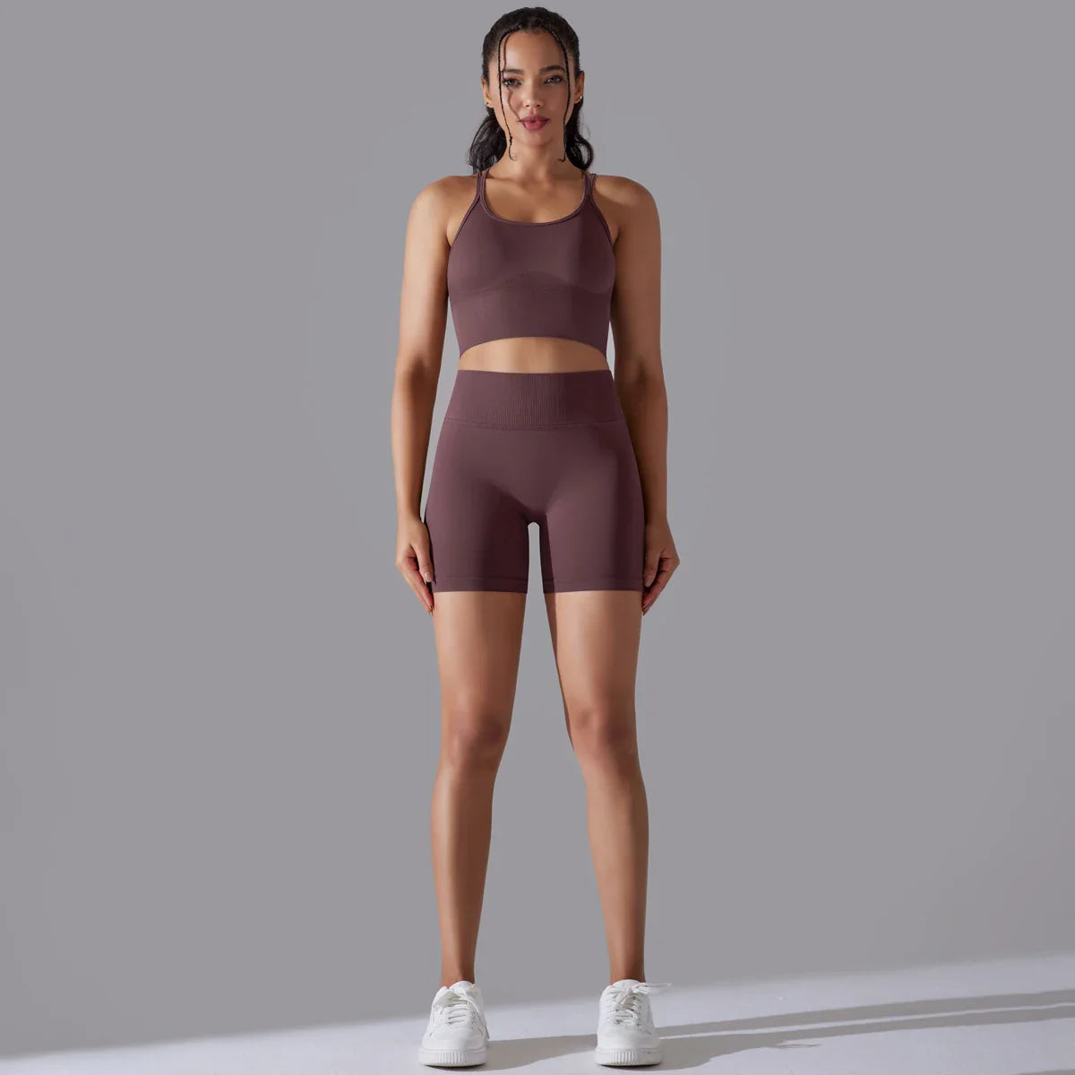 Conjunto de Roupas Fitness Feminino Top e Bermuda de Alta Compressão