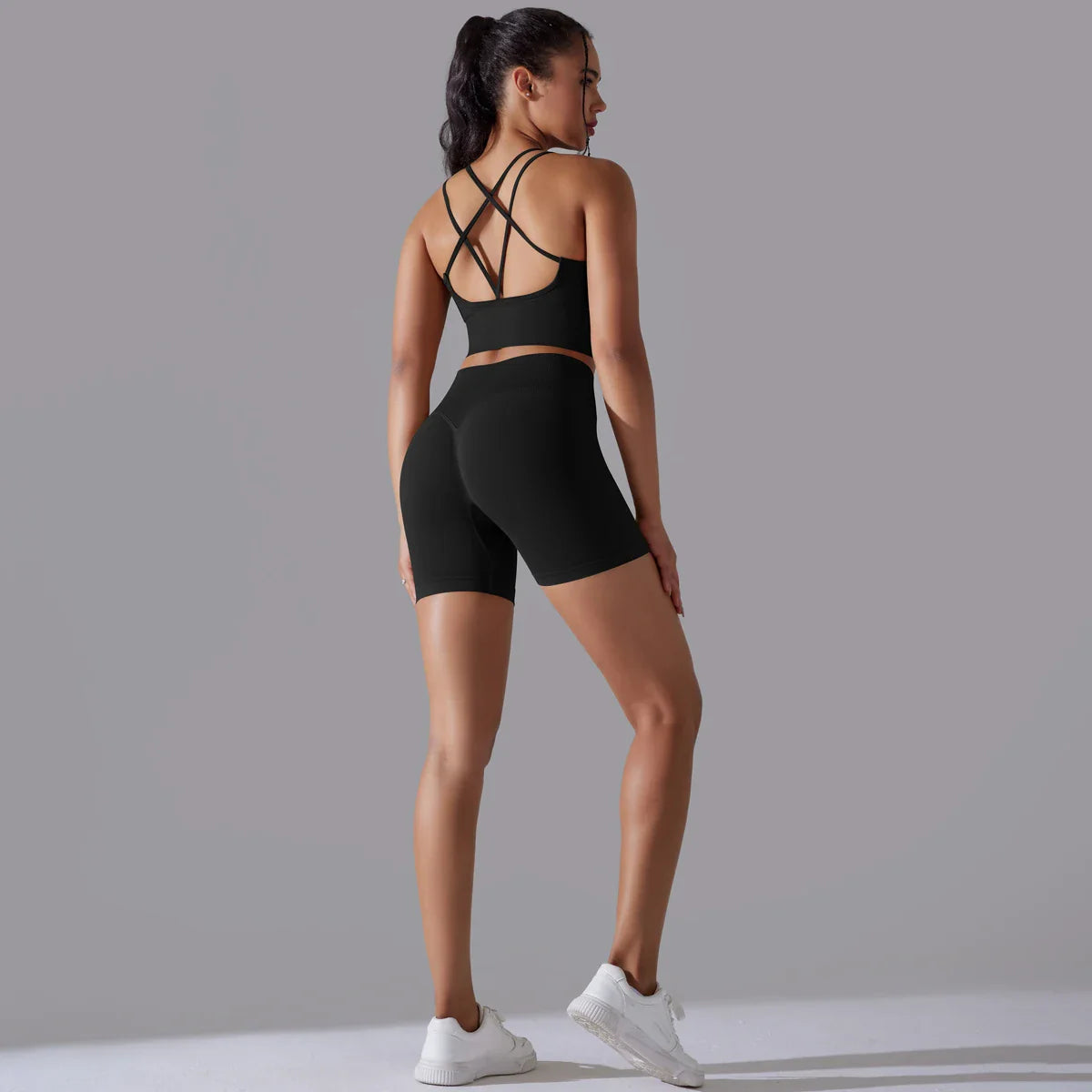 Conjunto de Roupas Fitness Feminino Top e Bermuda de Alta Compressão