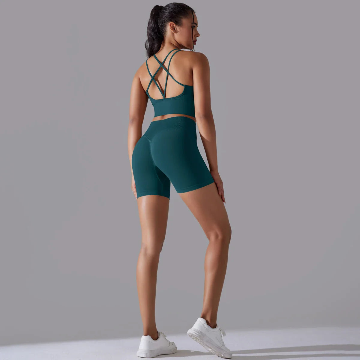 Conjunto de Roupas Fitness Feminino Top e Bermuda de Alta Compressão