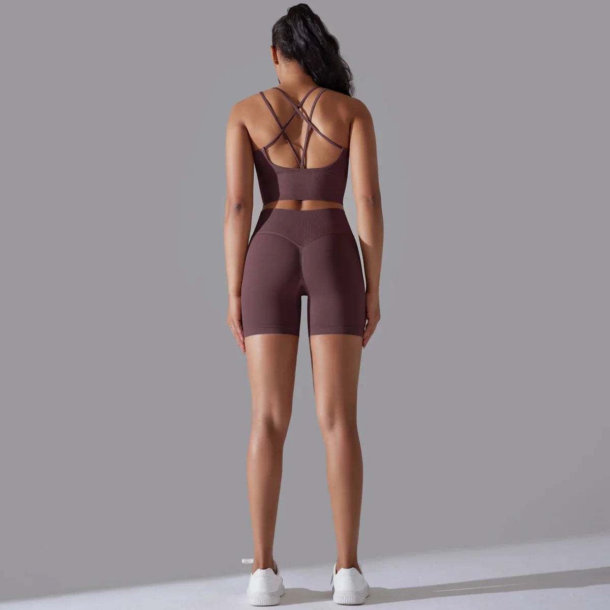 Conjunto de Roupas Fitness Feminino Top e Bermuda de Alta Compressão