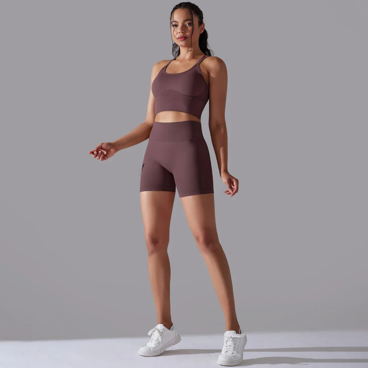 Conjunto de Roupas Fitness Feminino Top e Bermuda de Alta Compressão