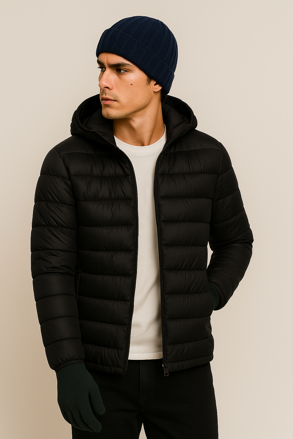 Kit Inverno Luva +Touca com gorro + Jaqueta Puffer
