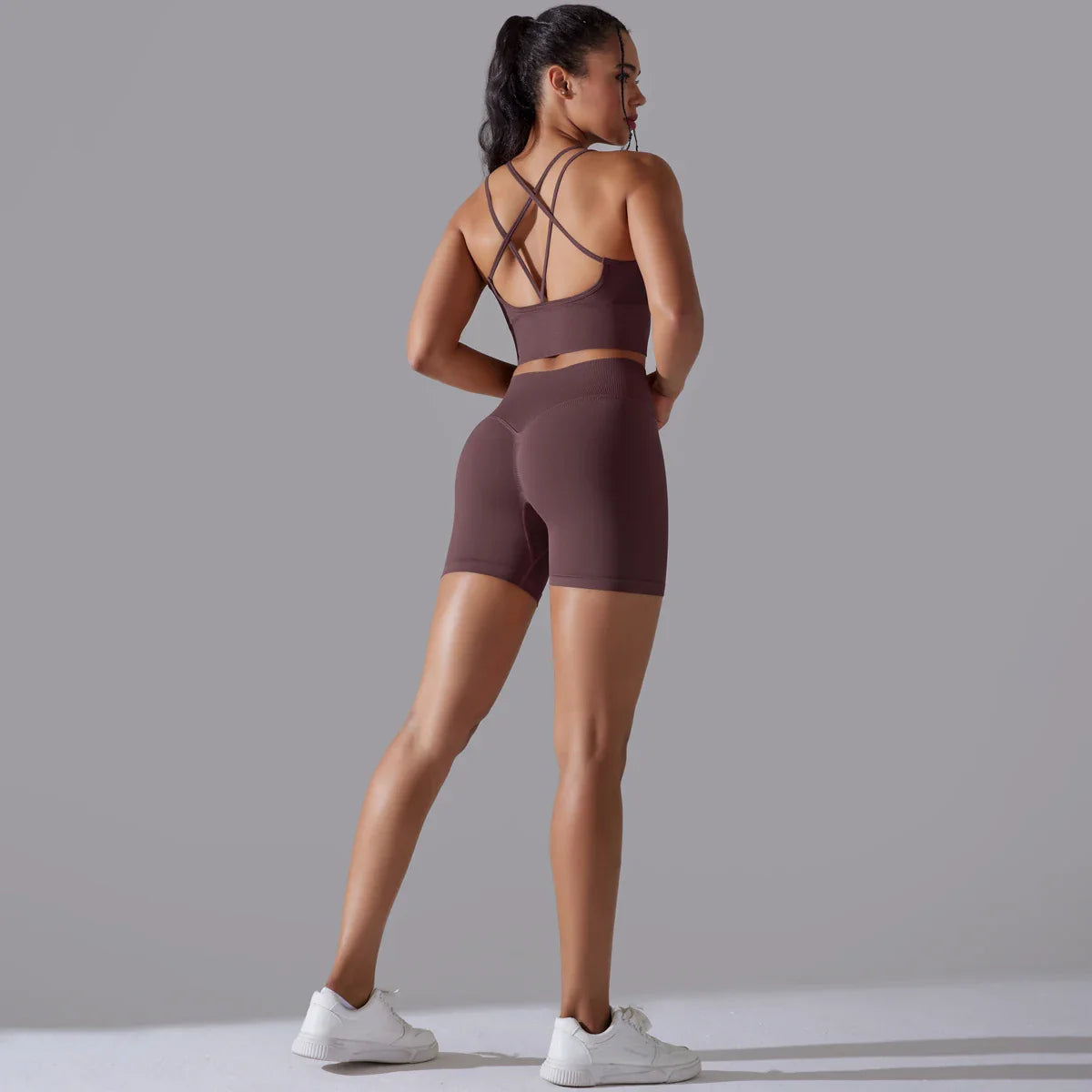 Conjunto de Roupas Fitness Feminino Top e Bermuda de Alta Compressão