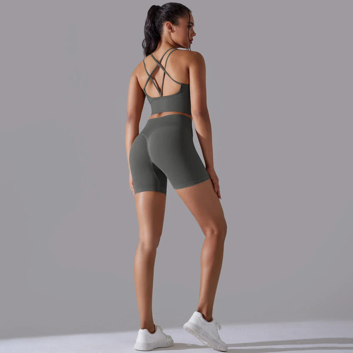 Conjunto de Roupas Fitness Feminino Top e Bermuda de Alta Compressão