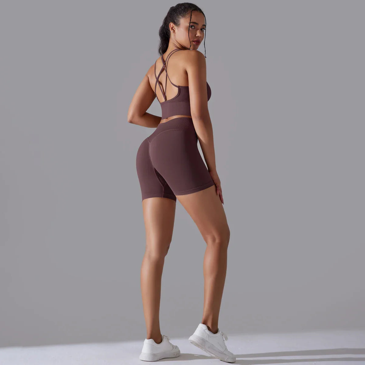 Conjunto de Roupas Fitness Feminino Top e Bermuda de Alta Compressão