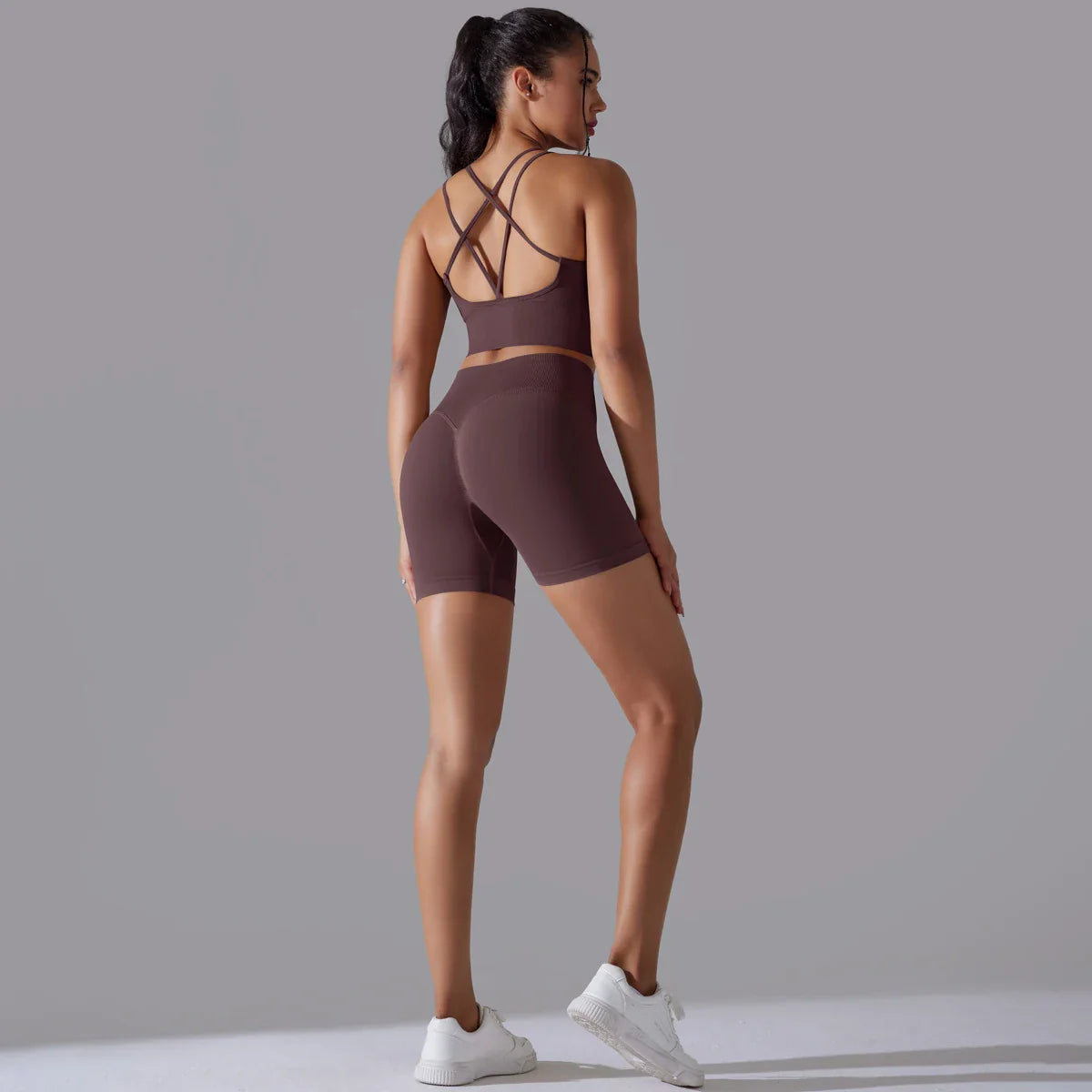 Conjunto de Roupas Fitness Feminino Top e Bermuda de Alta Compressão