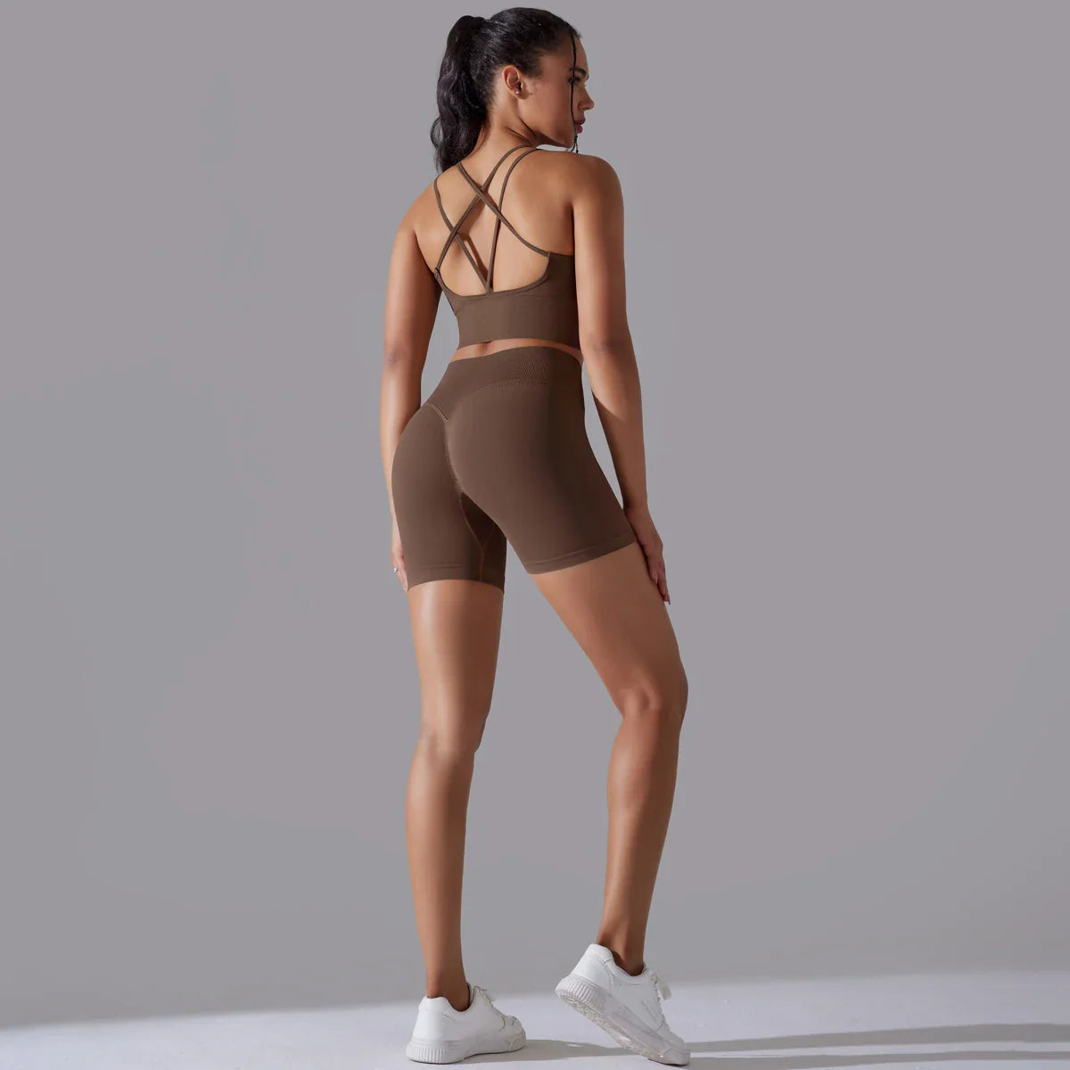 Conjunto de Roupas Fitness Feminino Top e Bermuda de Alta Compressão