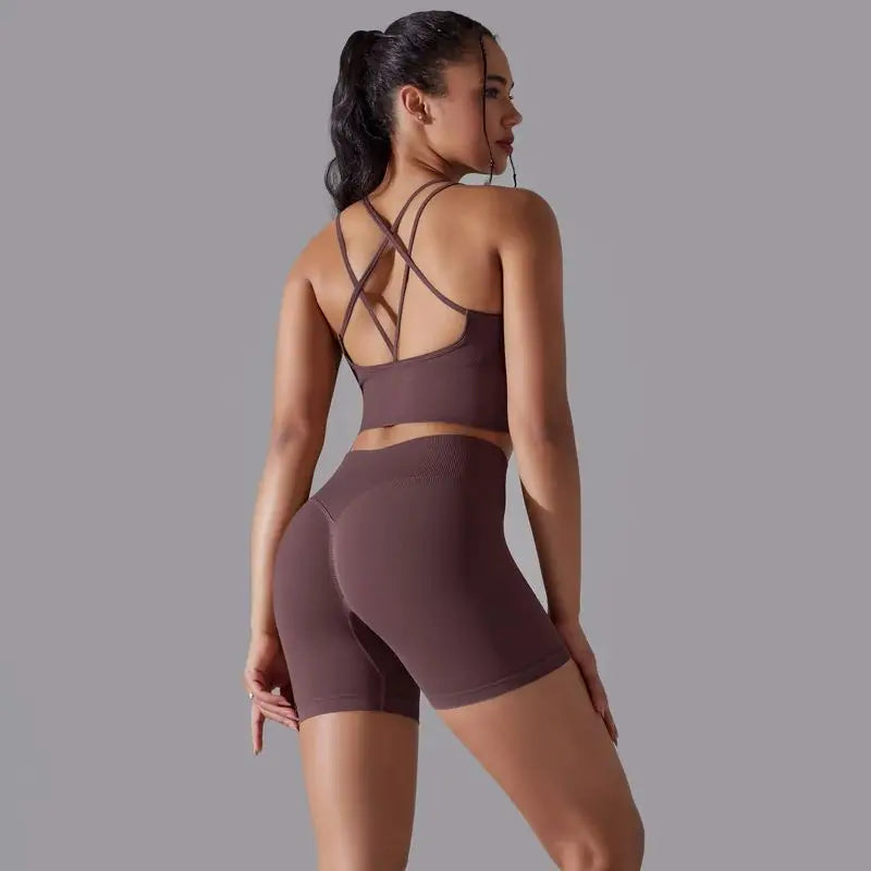 Conjunto de Roupas Fitness Feminino Top e Bermuda de Alta Compressão