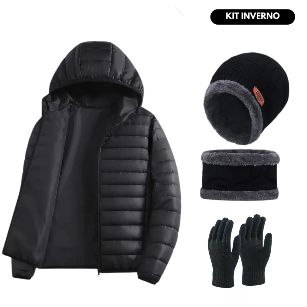 Kit Inverno Luva +Touca com gorro + Jaqueta Puffer